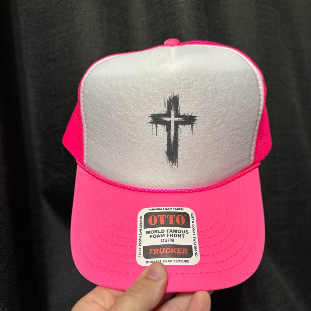 OTTO Pink and White Trucker Hat with Cross